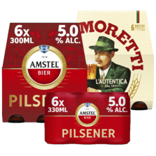 Amstel pilsener tray van 6 flesjes/blikken
à 30/33 cl of Birra Moretti tray van 6 flesjes à 30 cl